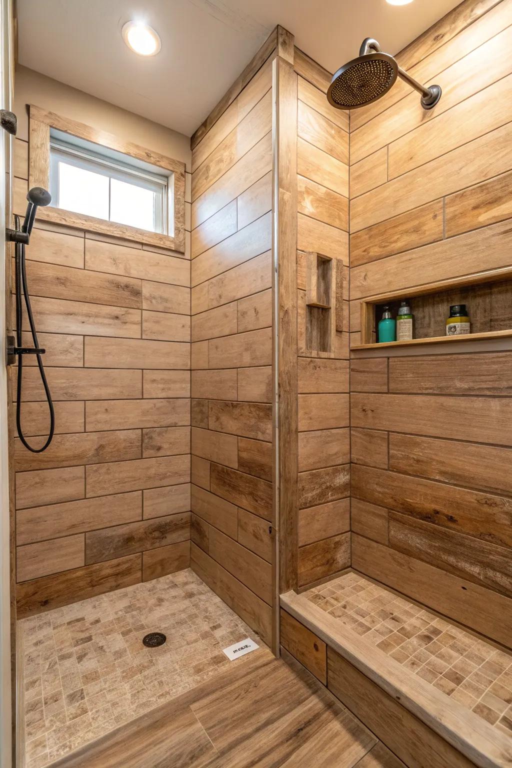 Enjoy the cozy touch of wood-look tiles in your shower.