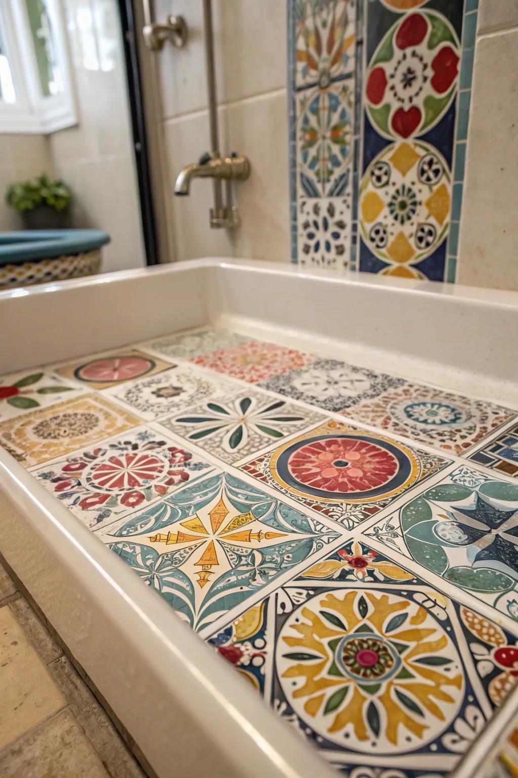 Intricate tile mosaics in various colors and shapes create an impressive feature on this shower base.