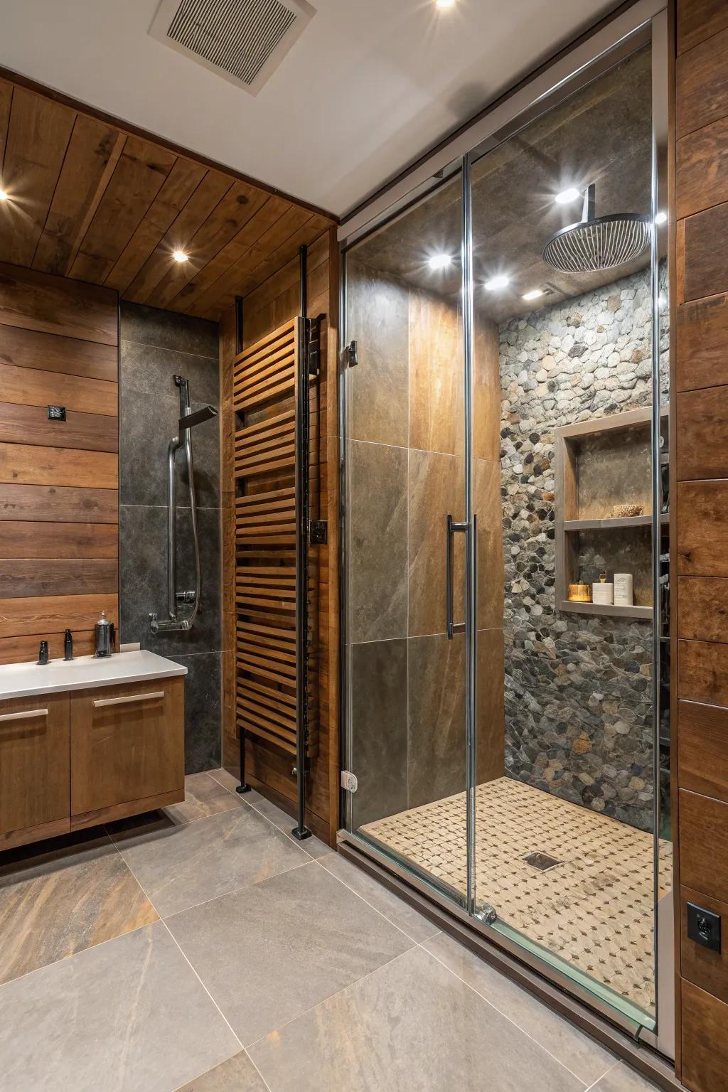 A shower room with a rich texture from a mix of items.