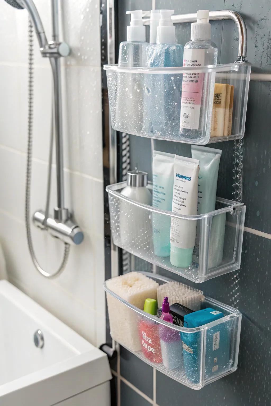 Transparent bins keep your shower essentials organized and visible.
