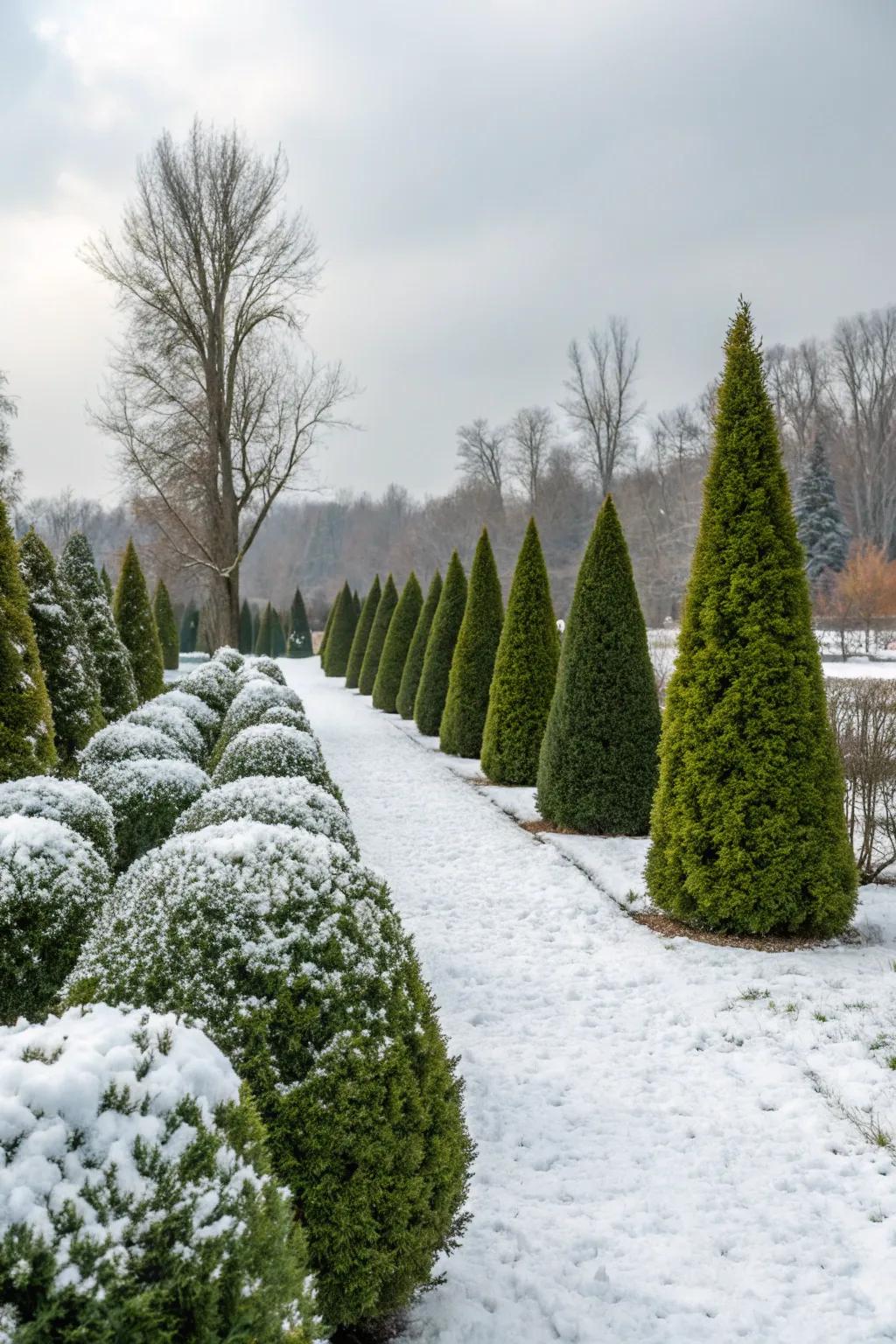 Evergreen shrubs sustain garden interest throughout the winter season.