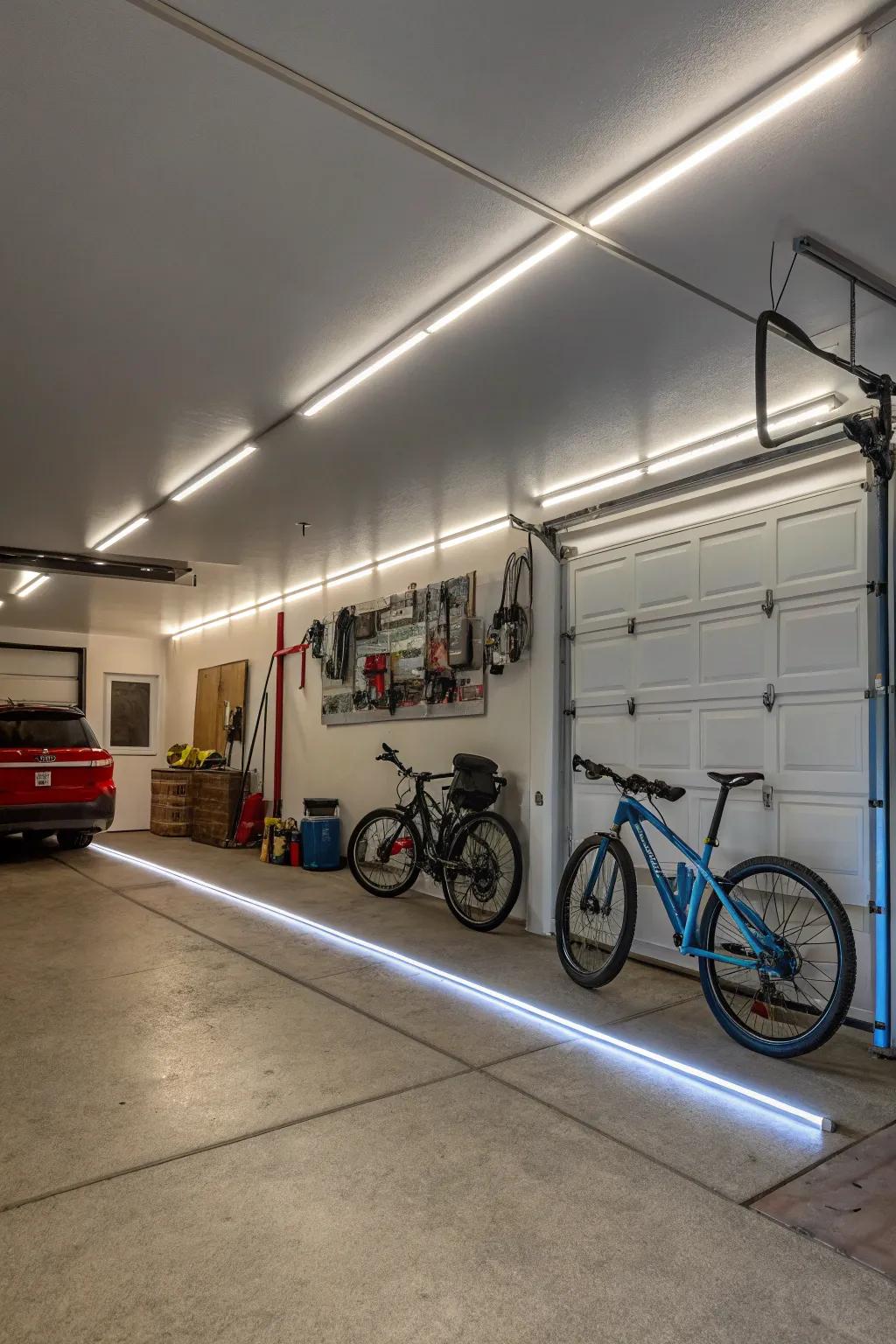 Diode strips add a modern touch to the garage.