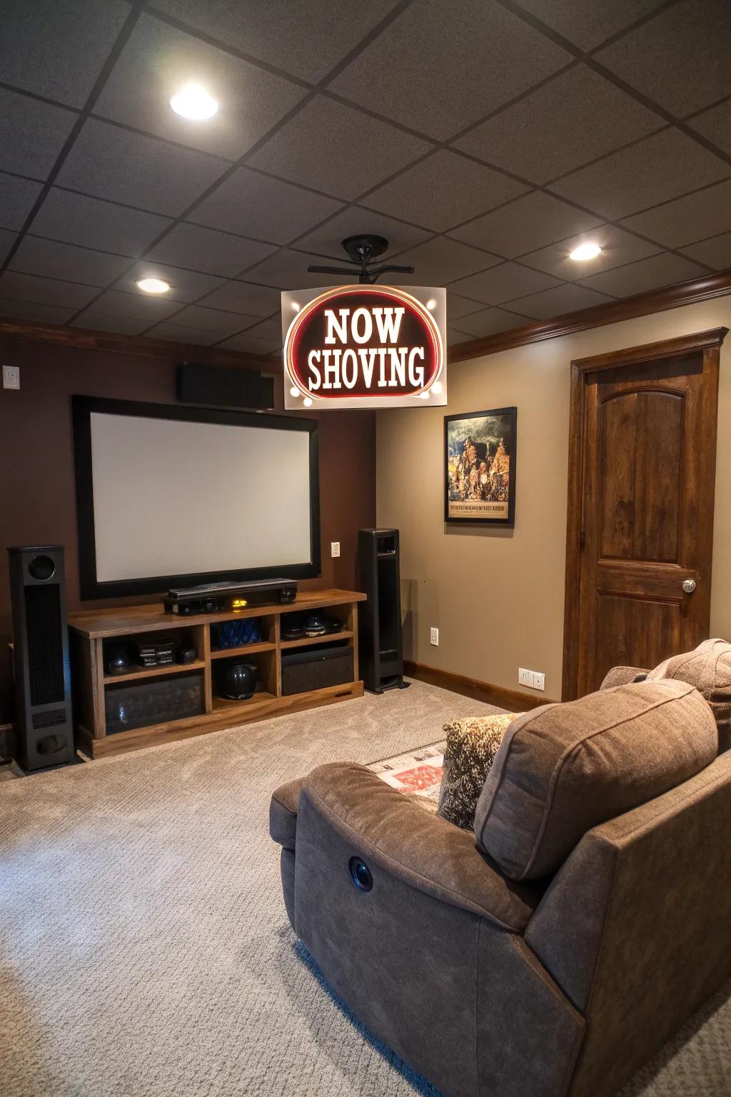 A home cinema room featuring a vintage 'Now Showing' movie theater board.