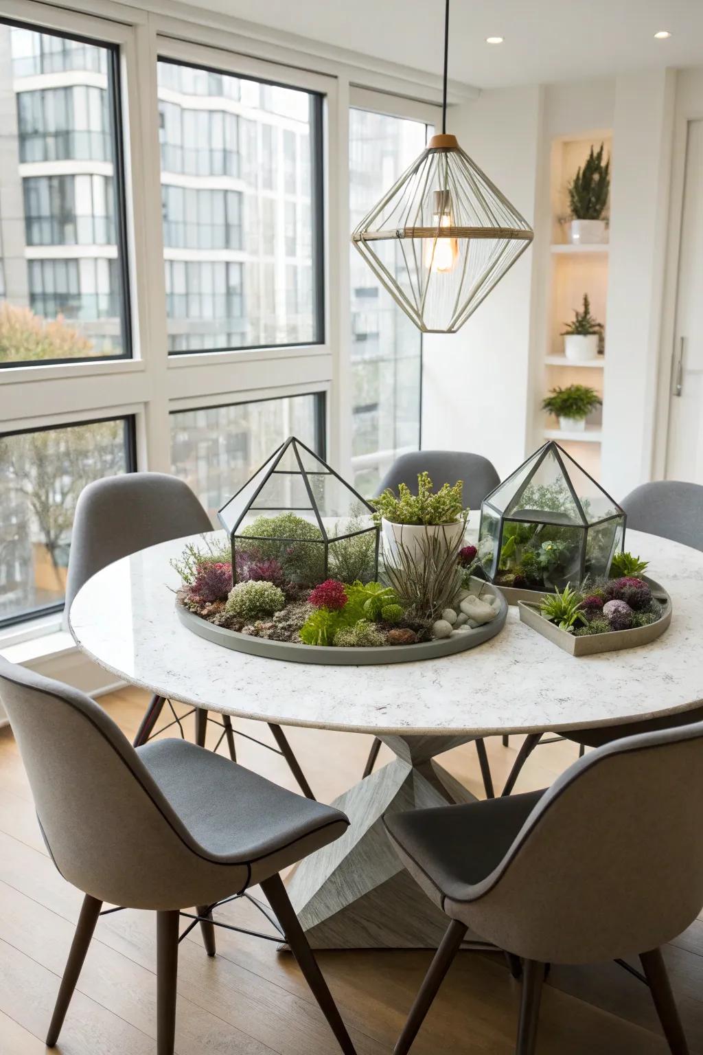 Geometric terrariums add a modern and chic touch to the centerpiece.