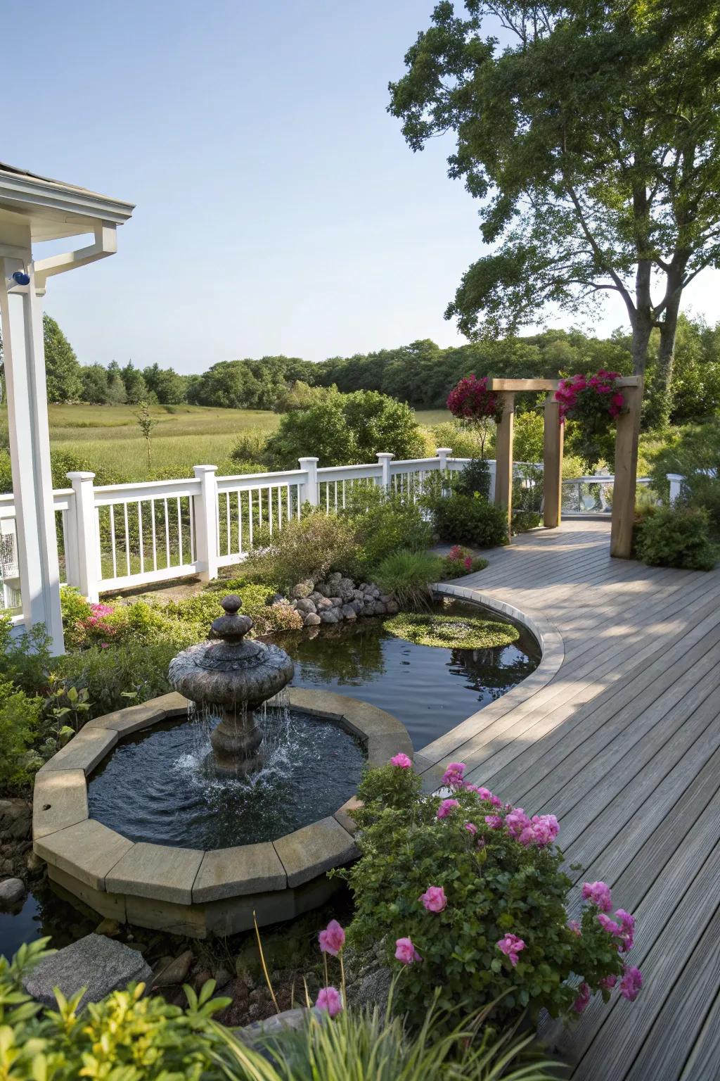 The deck is enhanced with a sense of calm by the addition of a small water feature.