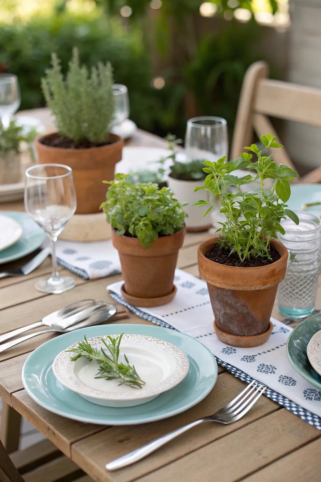 The table is made more unexpected by the addition of small potted plants.