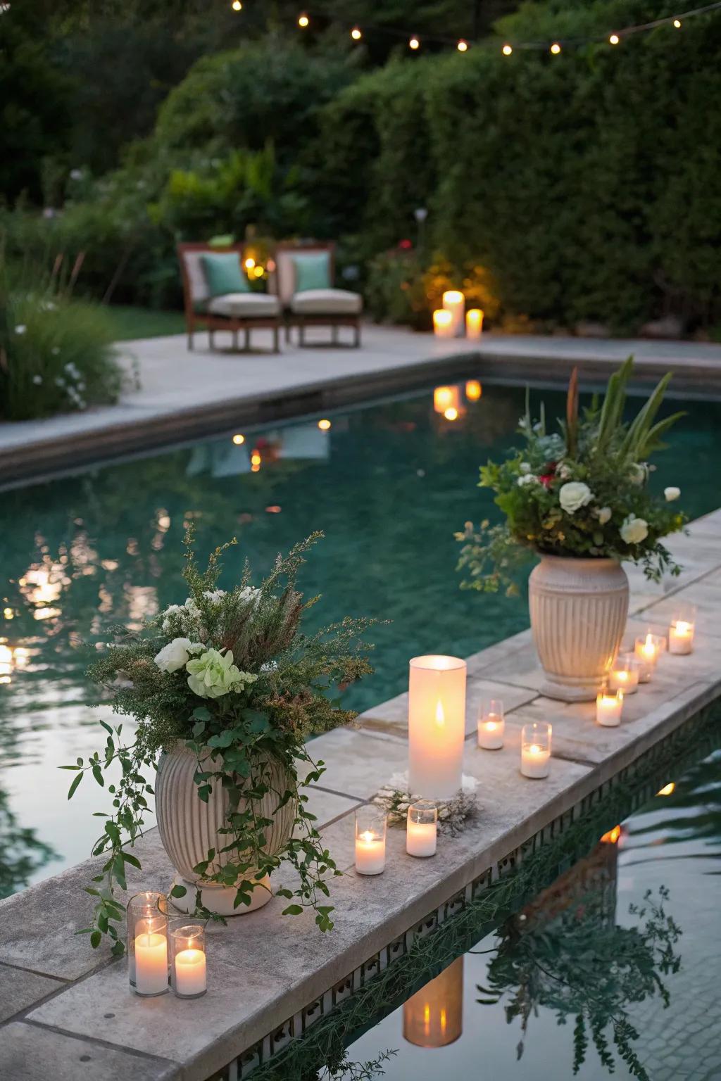 Charming floating decorations adding elegance to the pool atmosphere.