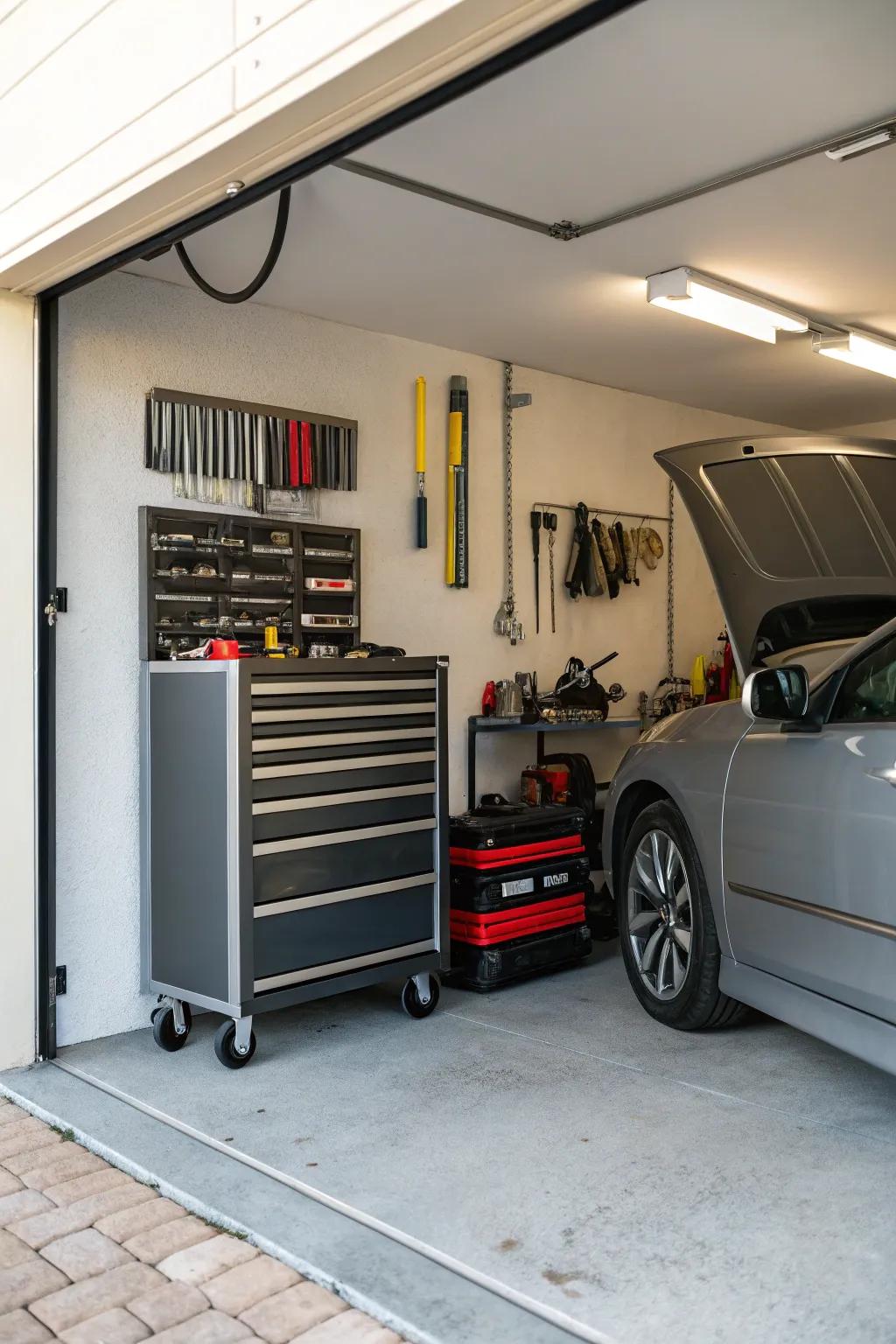 Tool chests with drawers keep tools neatly organized and accessible.