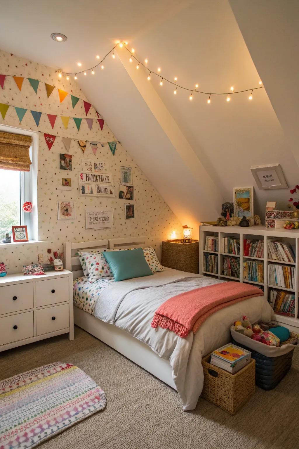 Surface stickers add a personal touch to this attic bedroom.