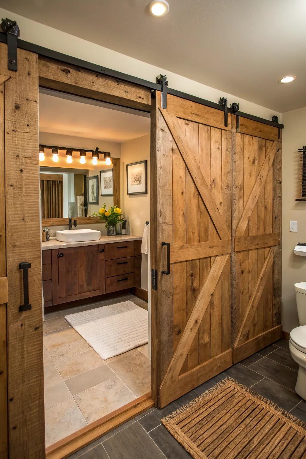 This bathroom has sustainability and character thanks to reclaimed wood sliding doors.