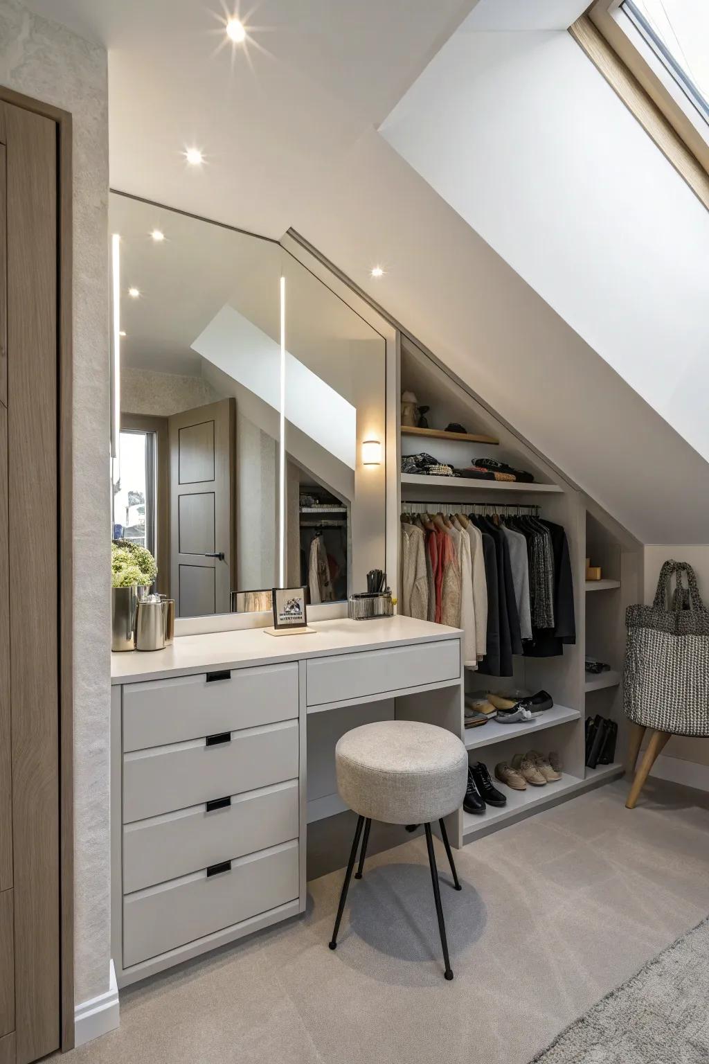 A wall-mounted vanity contributes functionality while saving area.