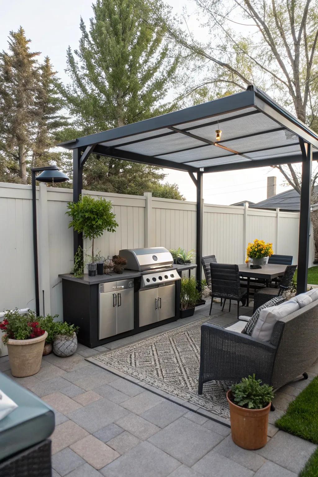 A unique grill cover adds charm to a small patio.