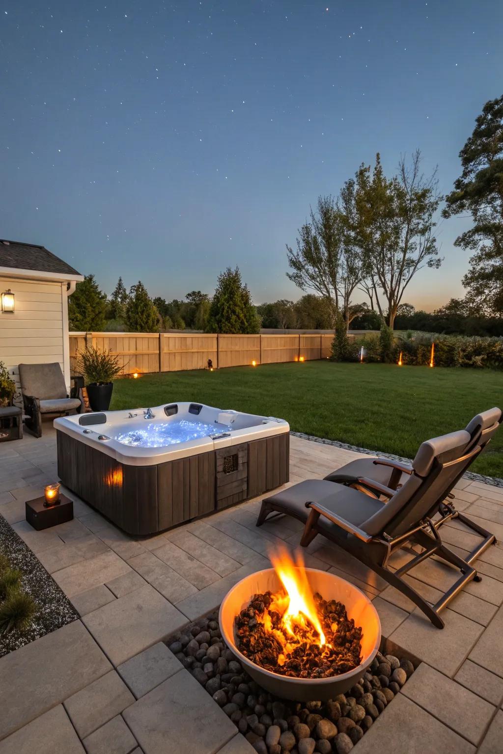 A backyard hot tub with a nearby fire pit, merging heat and hydration elements.