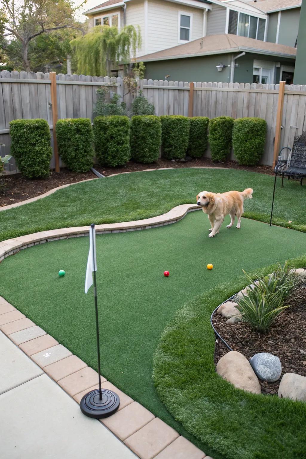 A pet-friendly putting green designed to withstand playful pets.