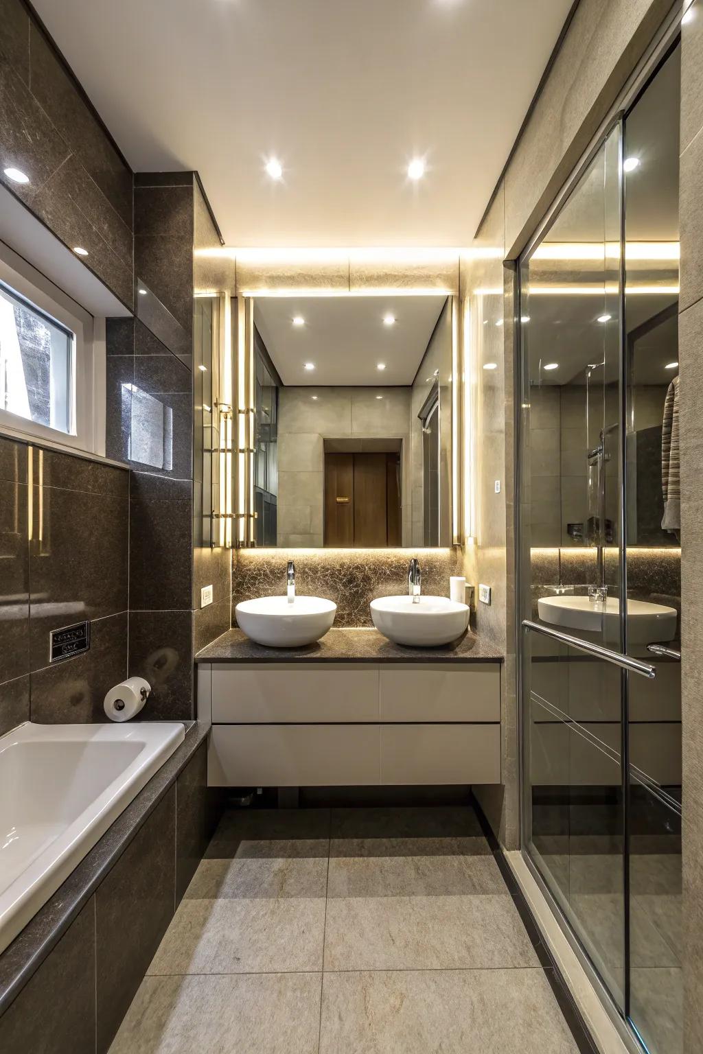 A small bathroom using shiny surfaces to enhance space.