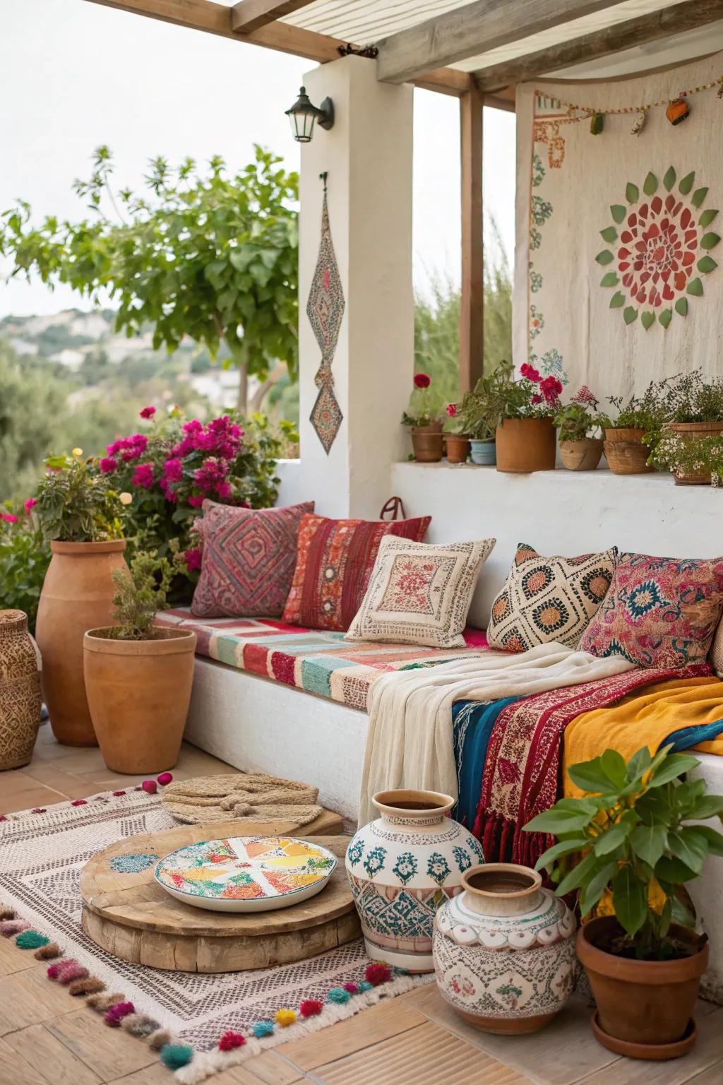 Clay art decor adds an artistic flair to the boho patio.