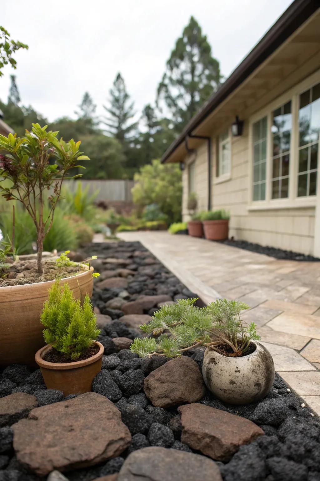 Lava rock imparts daring composition and hue to patio environments.