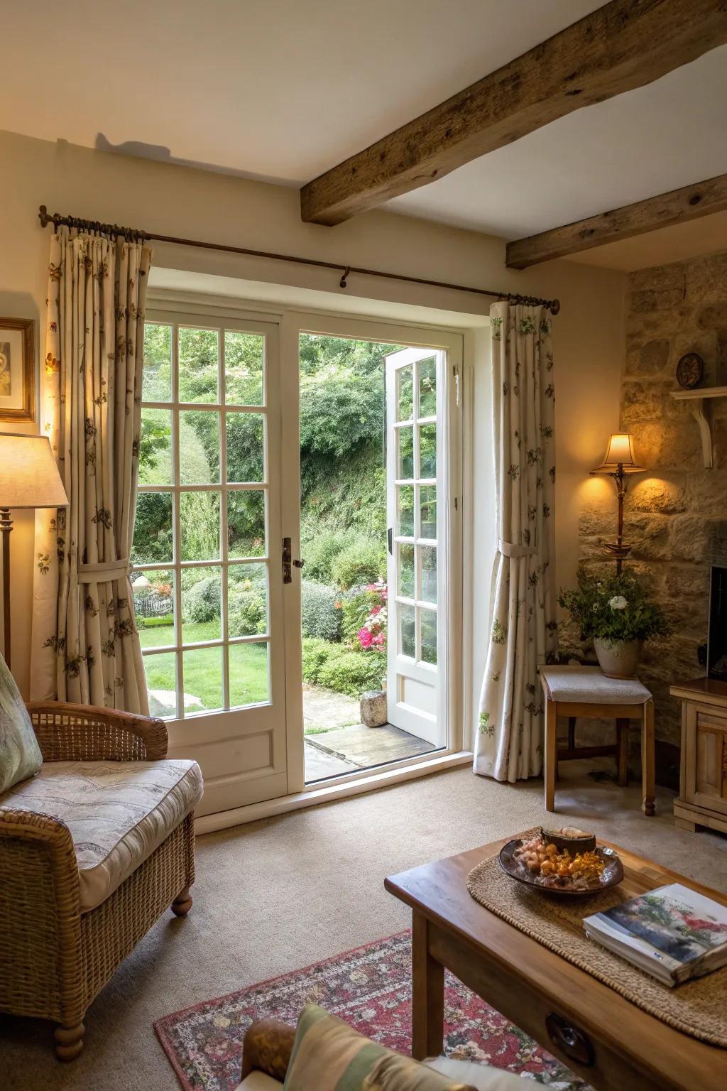 French doors enhance the airy sensation of this cottage living space.