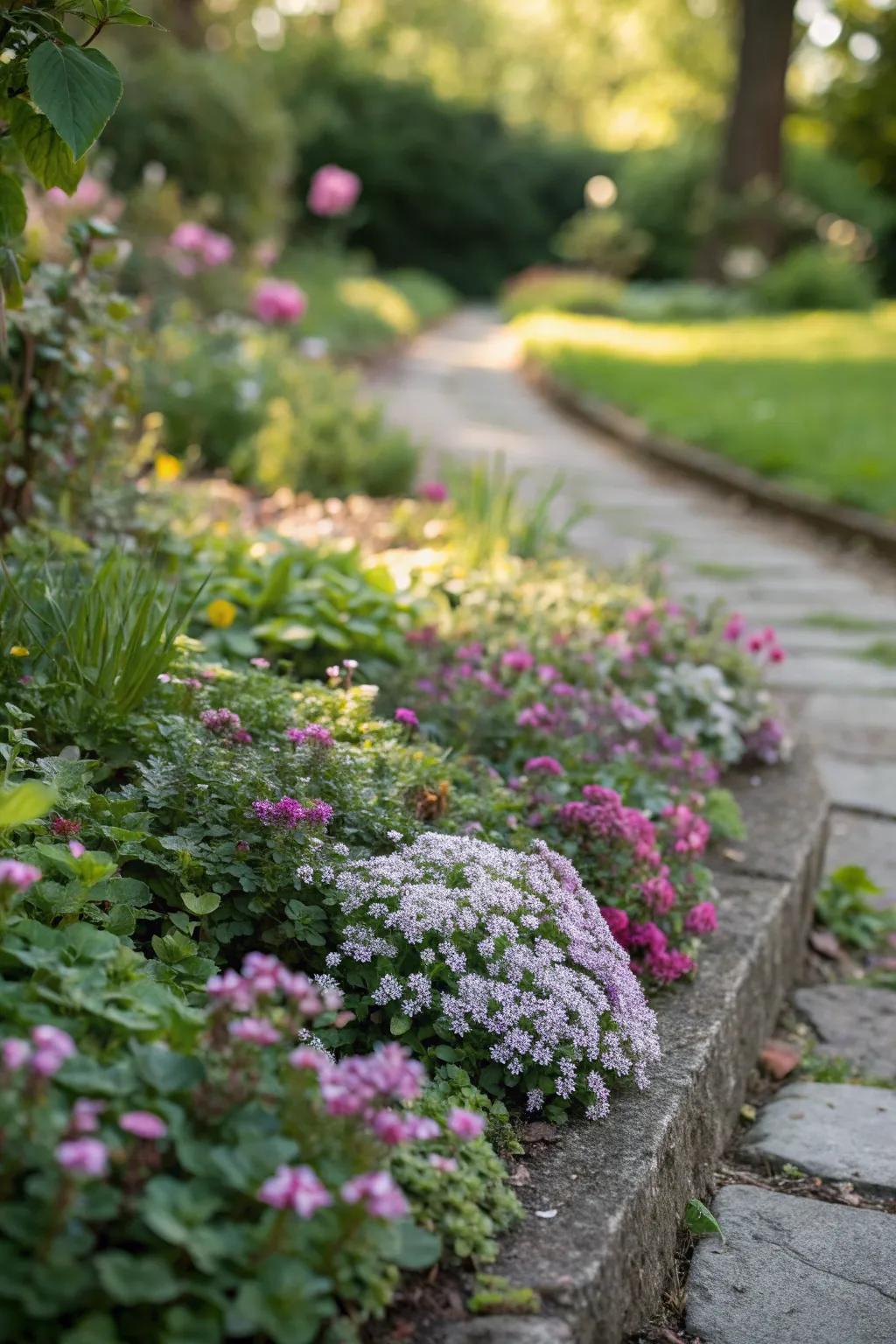 A scenic compact flower bed featuring rich, green groundcovers.