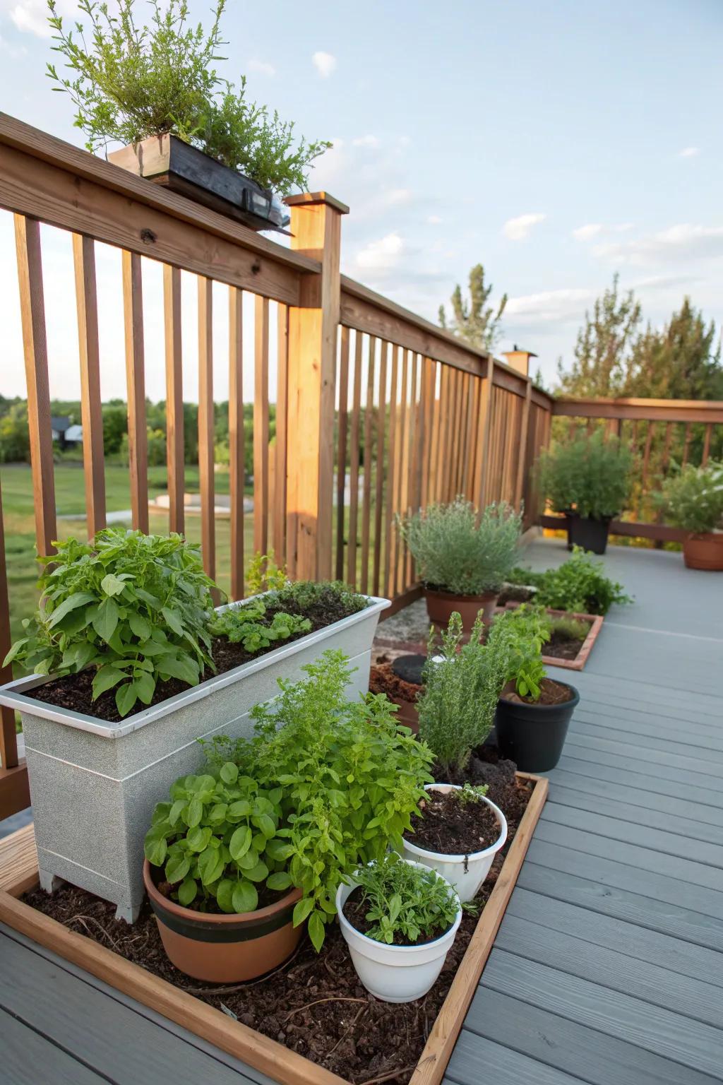 A miniature herb garden contributes aesthetics and utility to the deck.