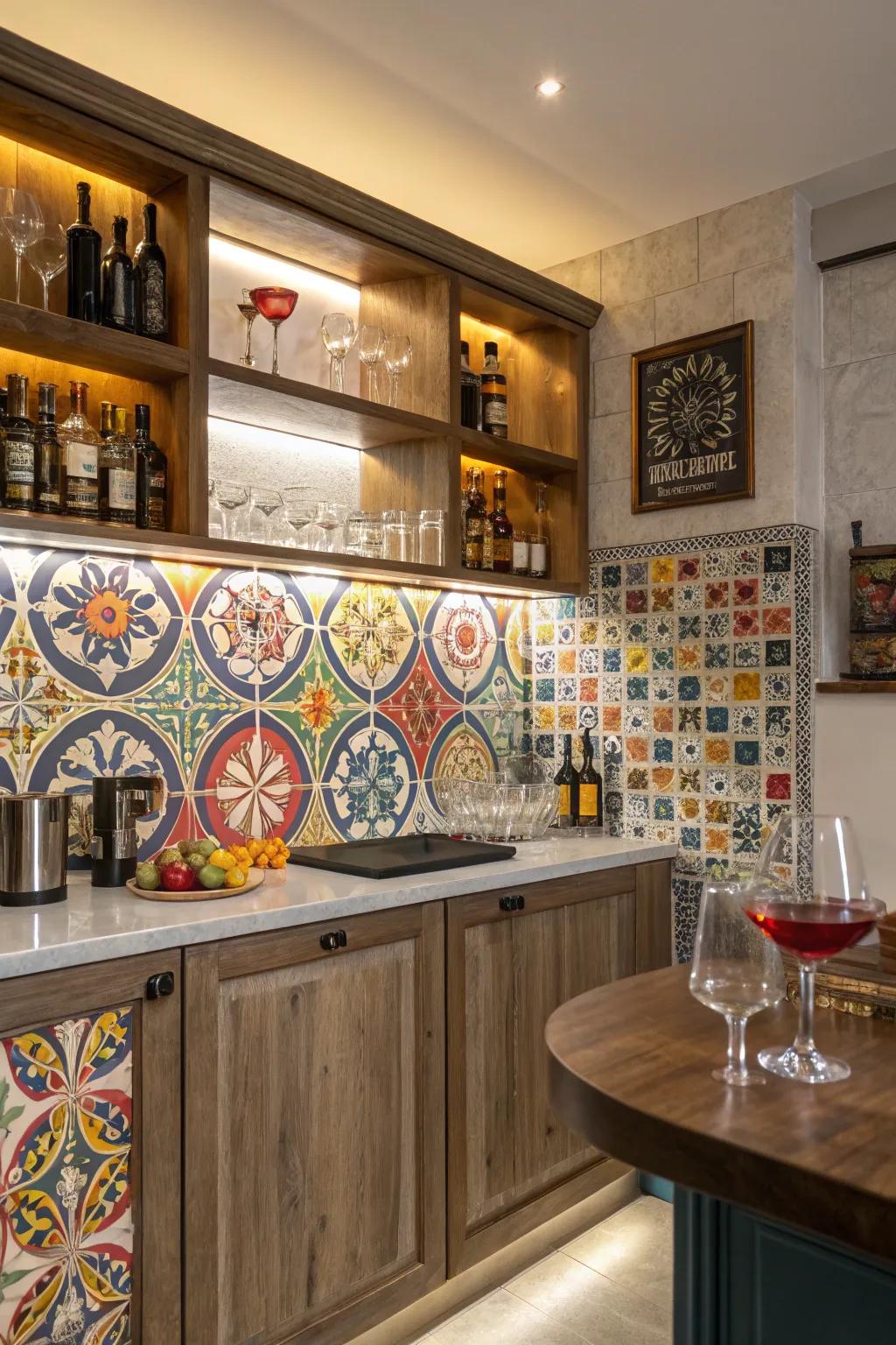 A creative backsplash adds a unique and personal touch to your home bar.