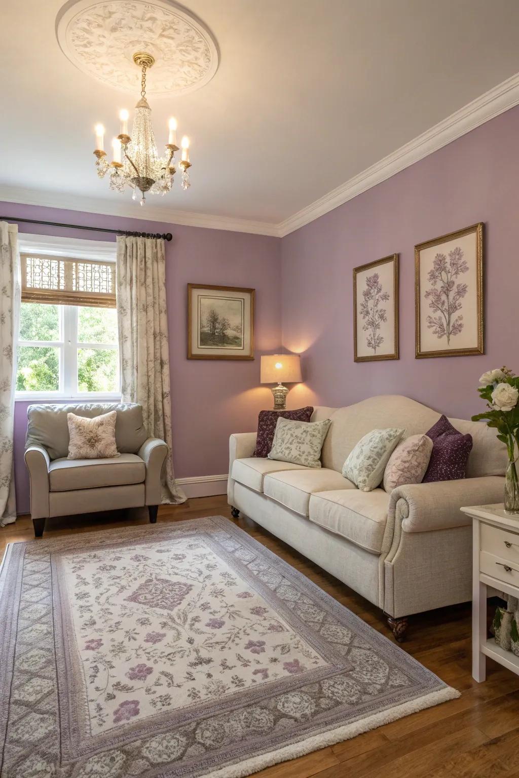 A small living room featuring violet walls for an enchanting touch.