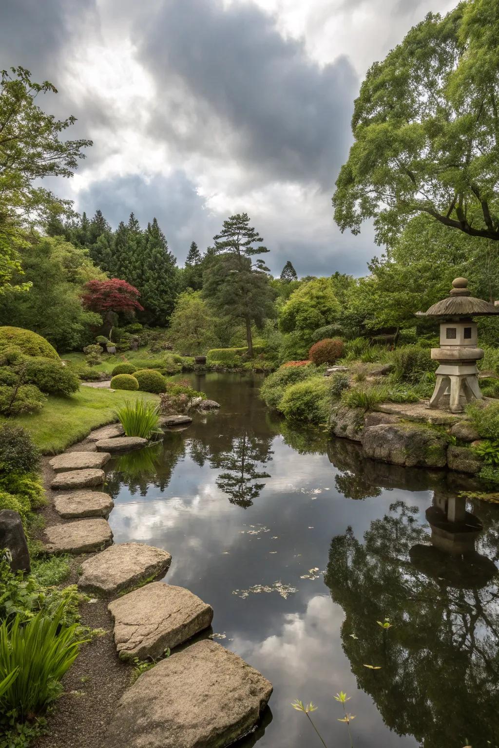 Reflective pond enhancing the garden&rsquo;s beauty.