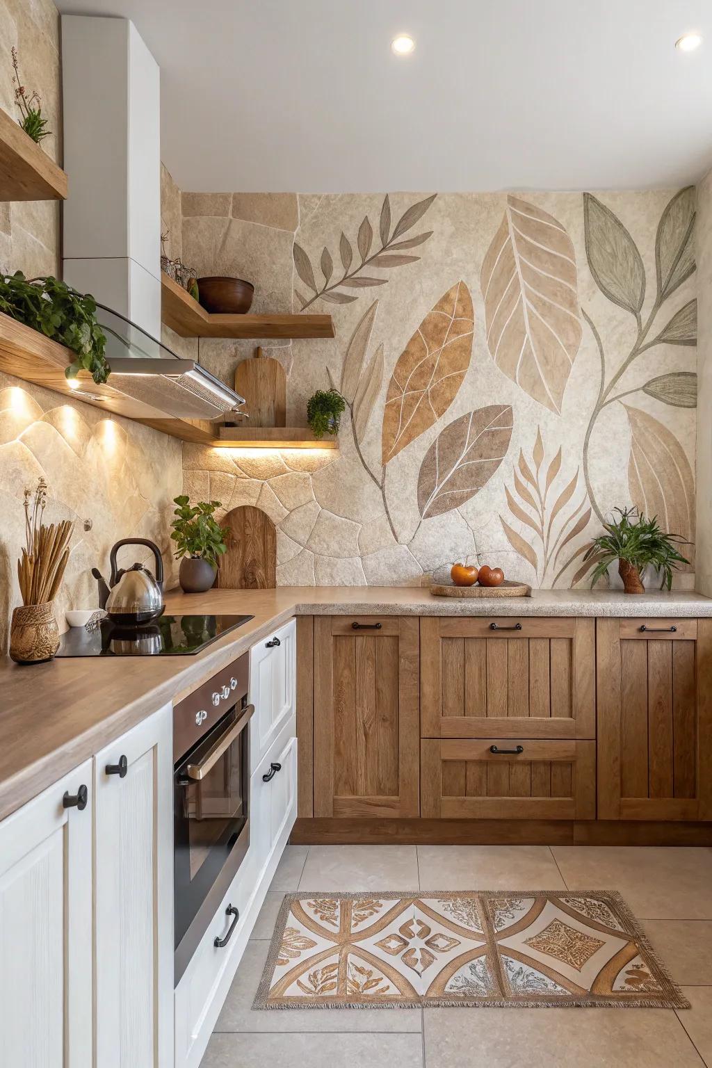 Make a peaceful space using a nature-themed backsplash.