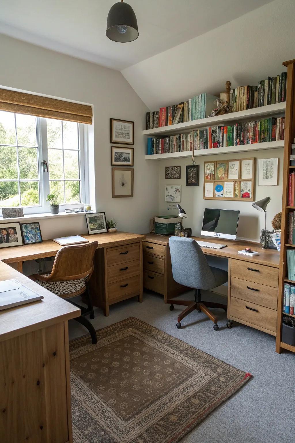 Playing with shapes adds dynamic balance to a small office.