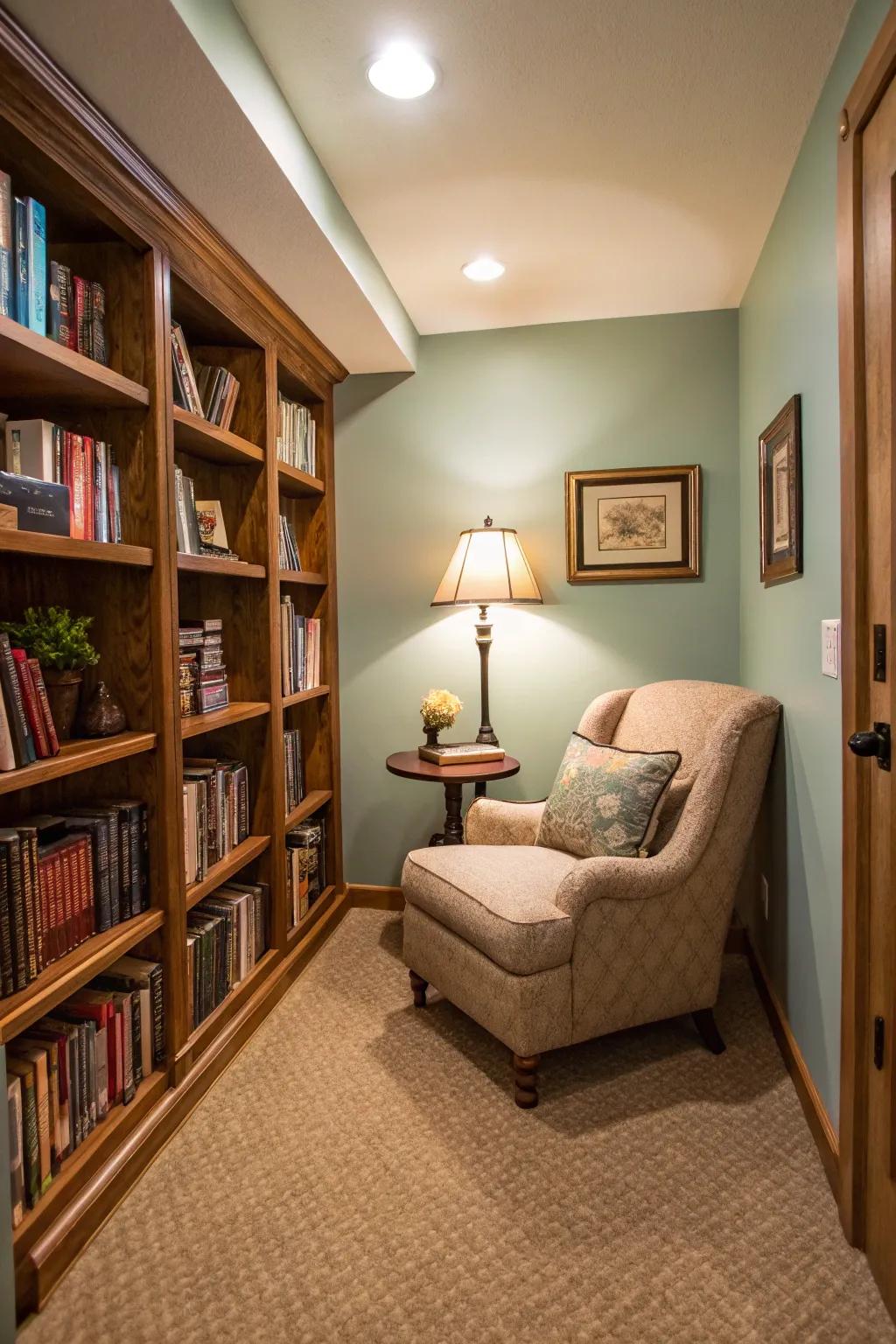 A snug reading alcove makes use of an otherwise neglected space.