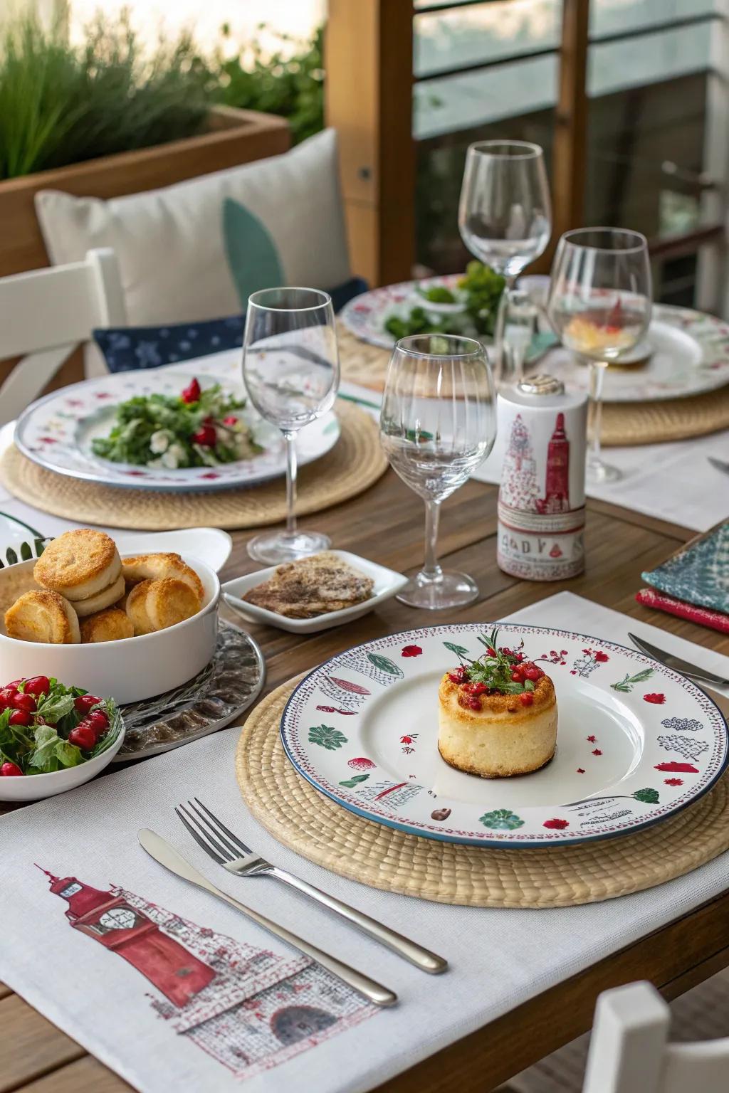 A central theme meal arrangement with matching decorations and cuisine.
