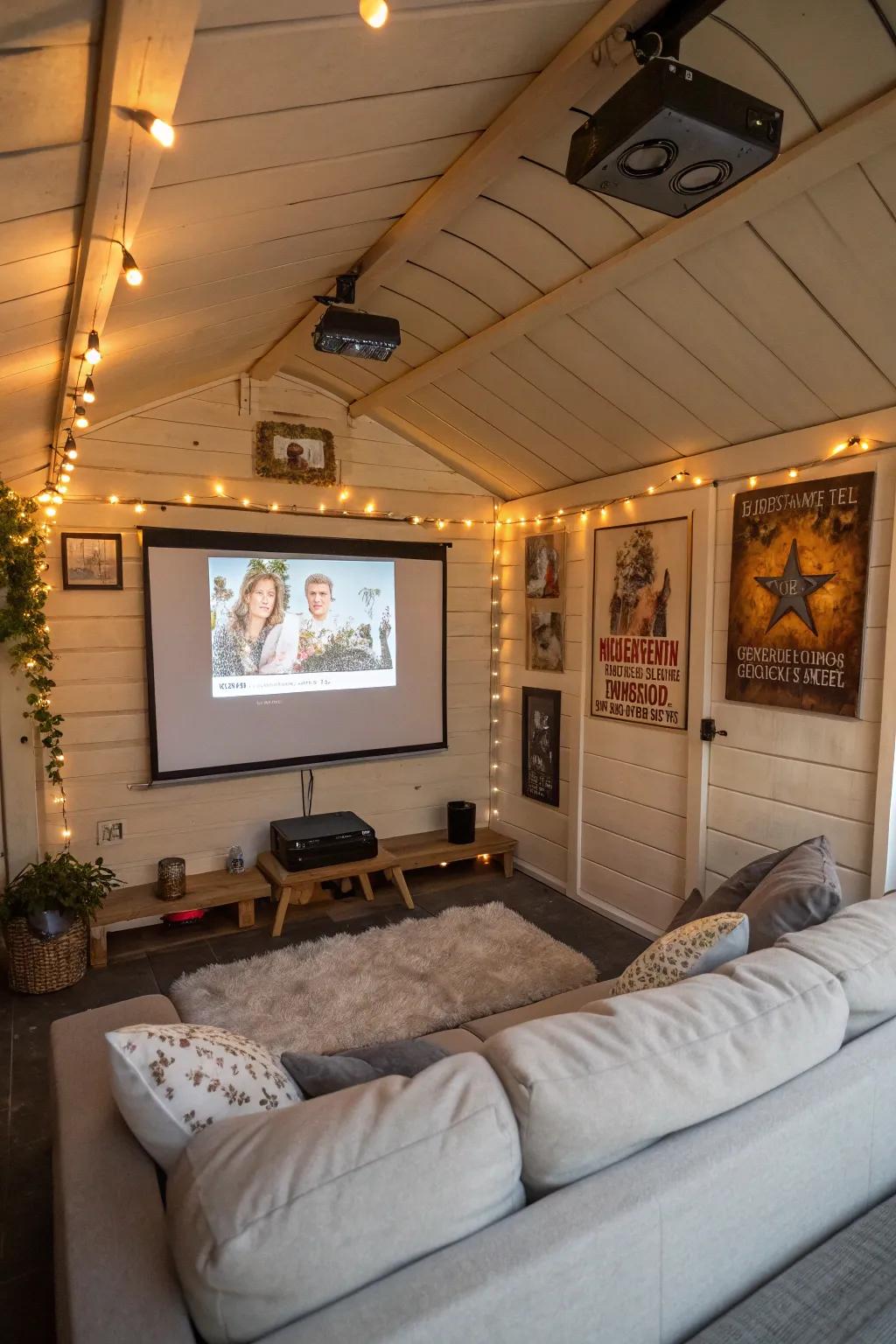 An intimate home cinema setup inside a small shed.