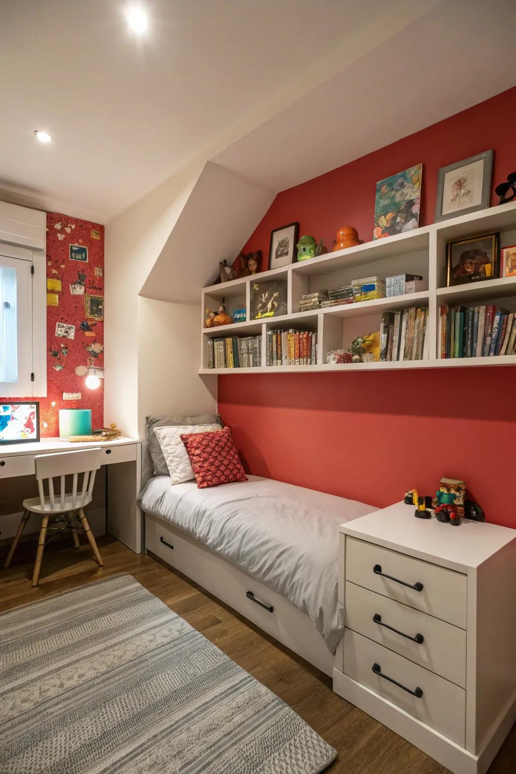 A bold wall transforms the room with color and depth.