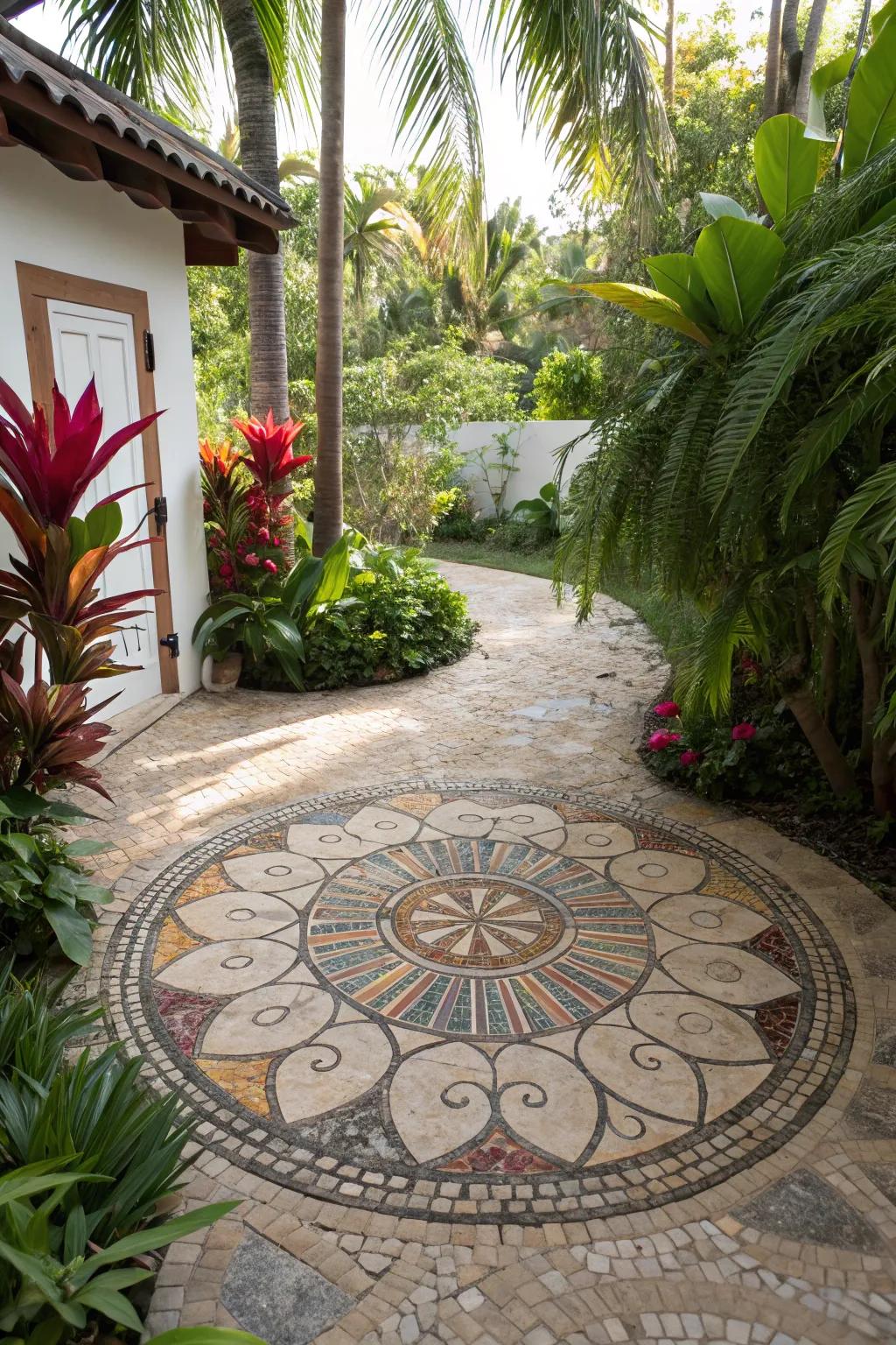A stone design adds artistic flair to the garden floor.