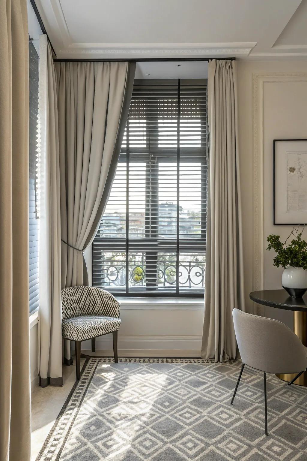 Metallic window coverings inject a modern, glamorous element.