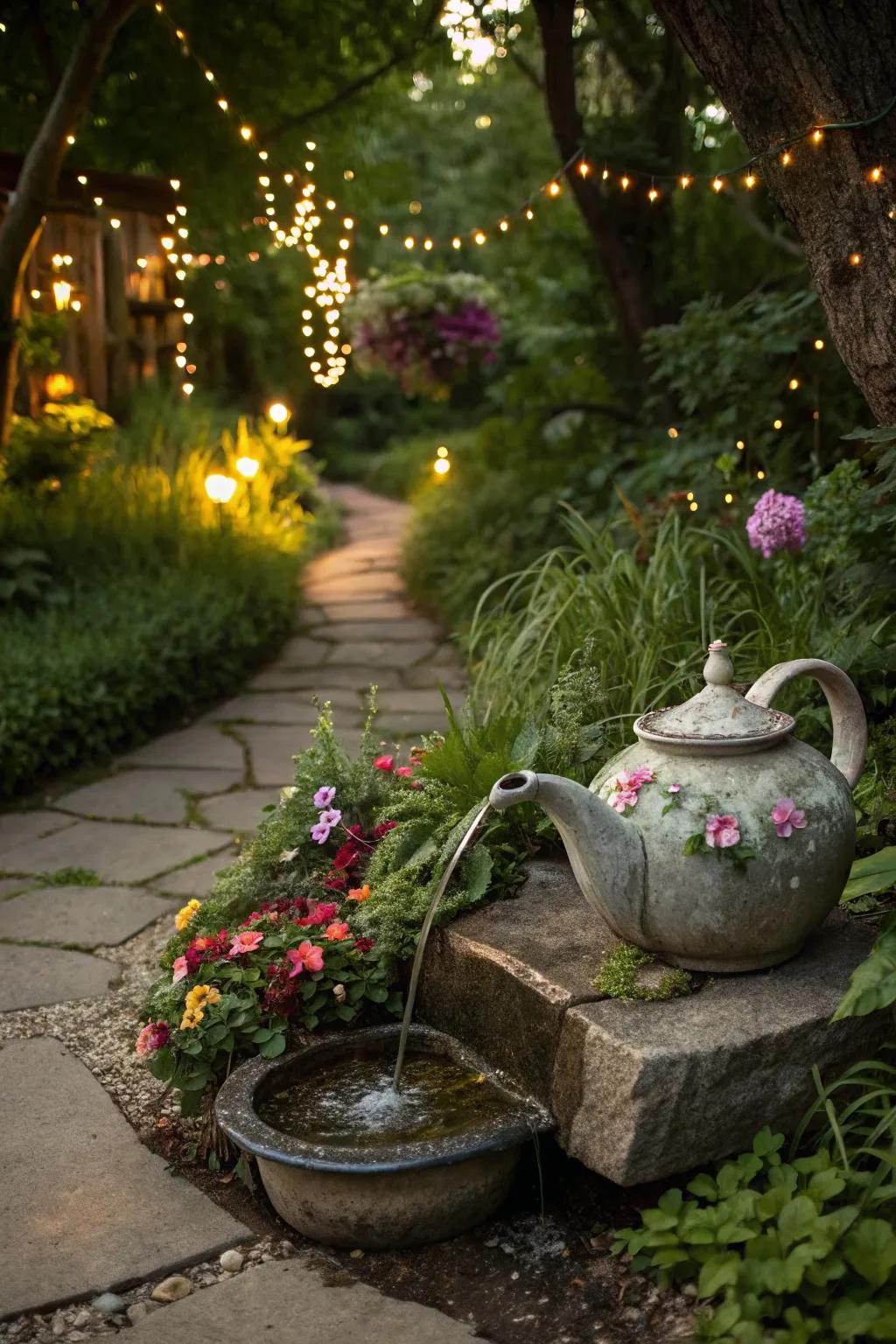 A whimsical solar fountain made from a vintage teapot.