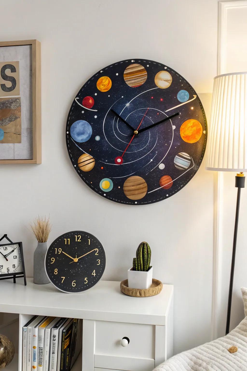 Space-themed wall clocks blend practicality with cosmic design.