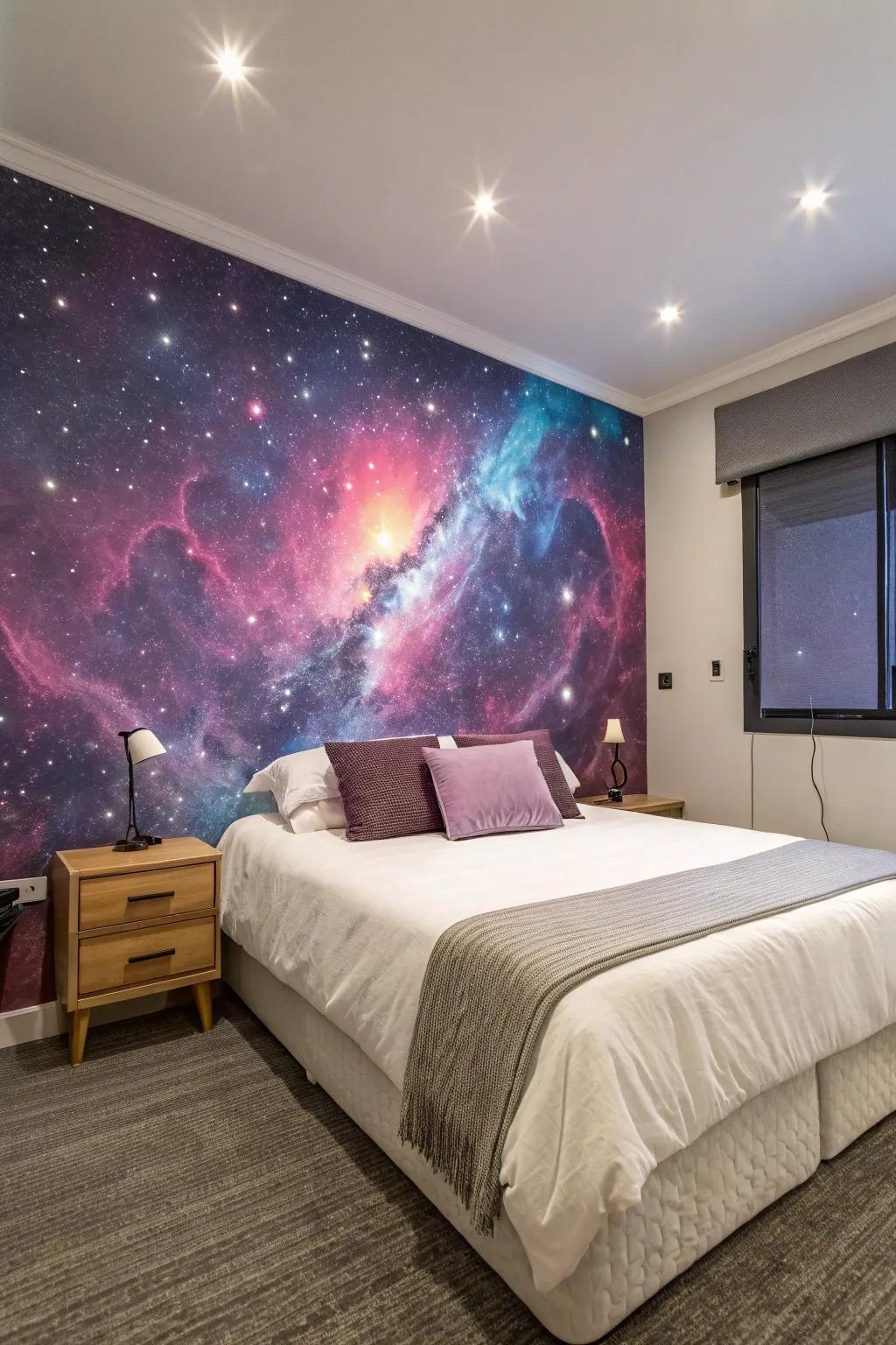 Wall paint inspired by nebulas adds a dramatic touch to the bedroom.