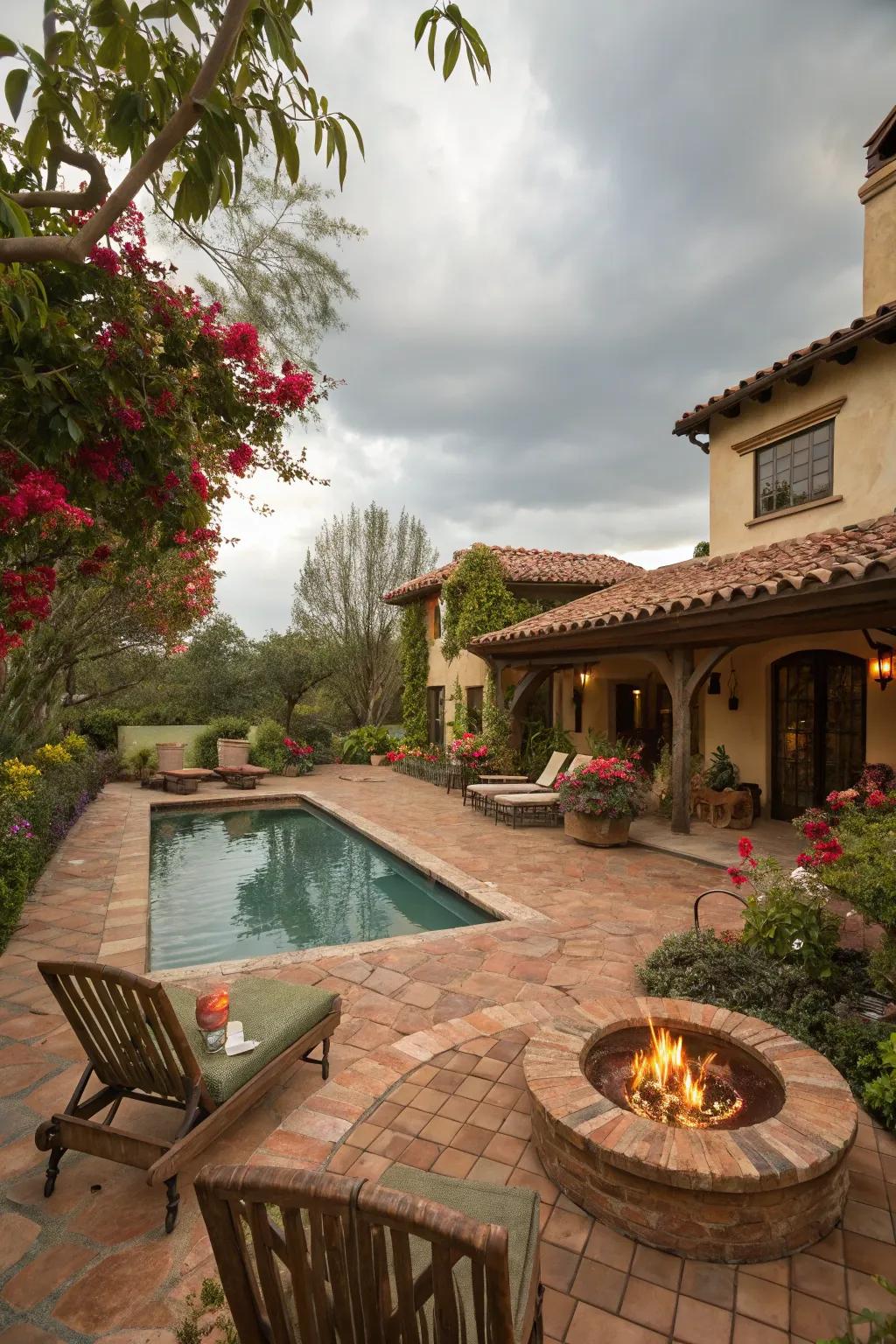 A fire pit serves as a cozy gathering spot in this Spanish-style backyard.