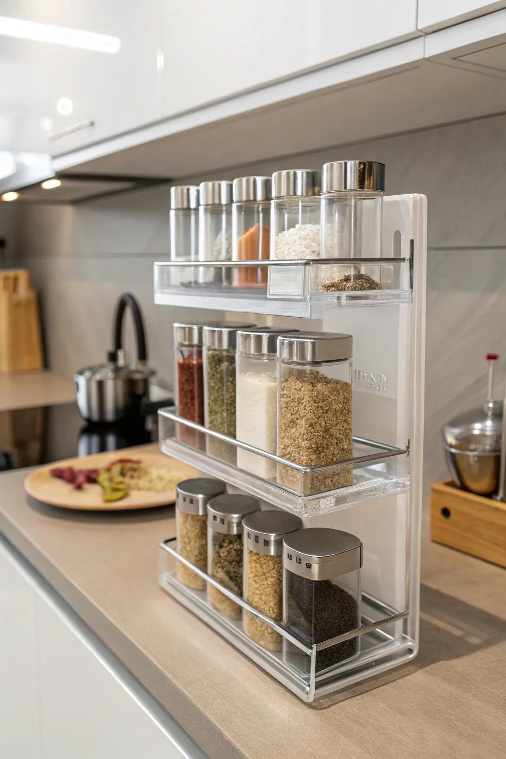 Acrylic racks provide a polished and modern spice display.