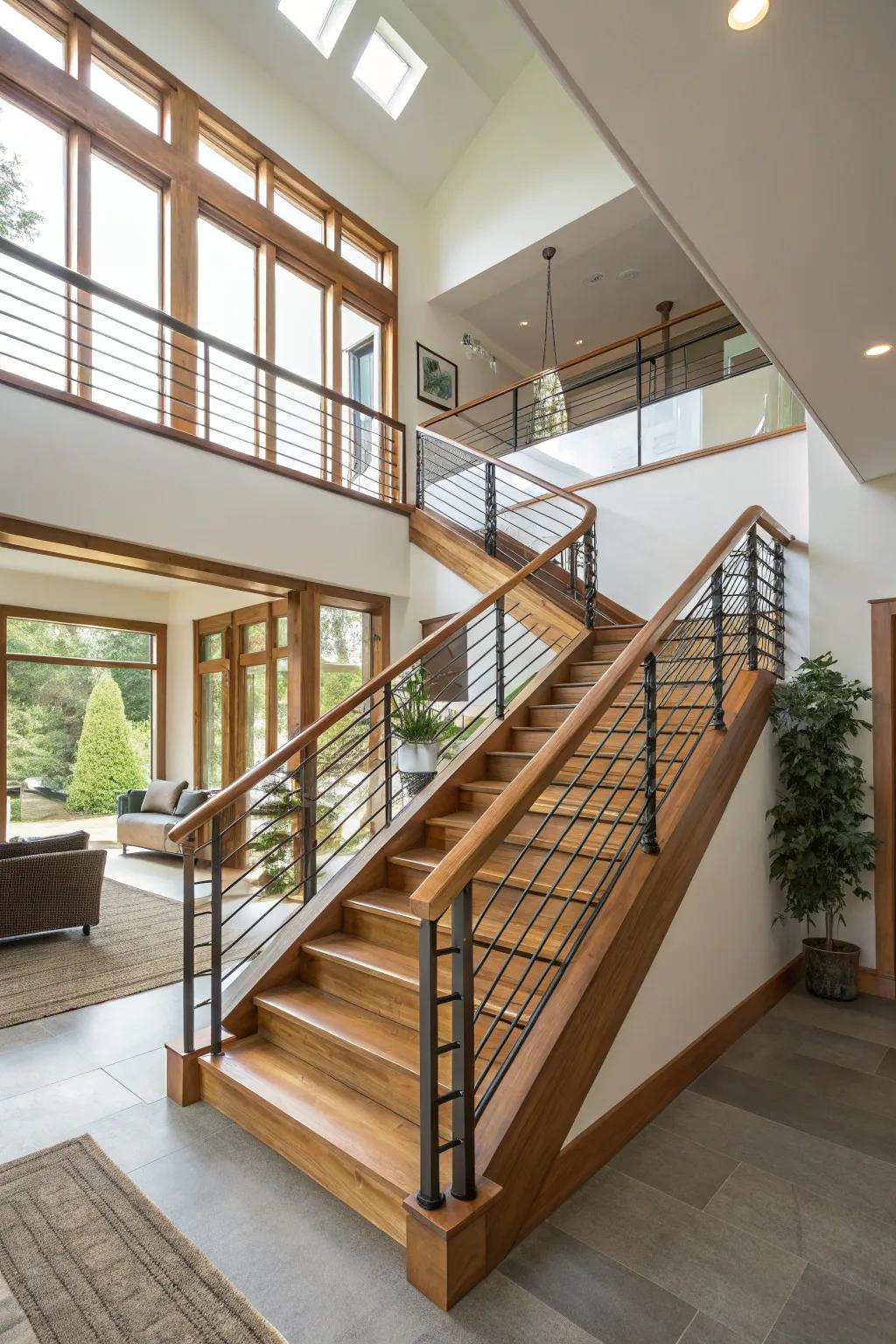 Creatively mixed material railings offer an eclectic look in a split-level home.