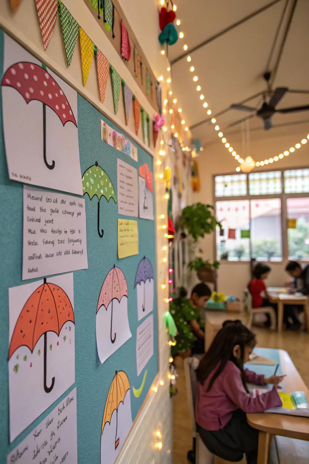 Raindrops and umbrellas spark rainy day writing.