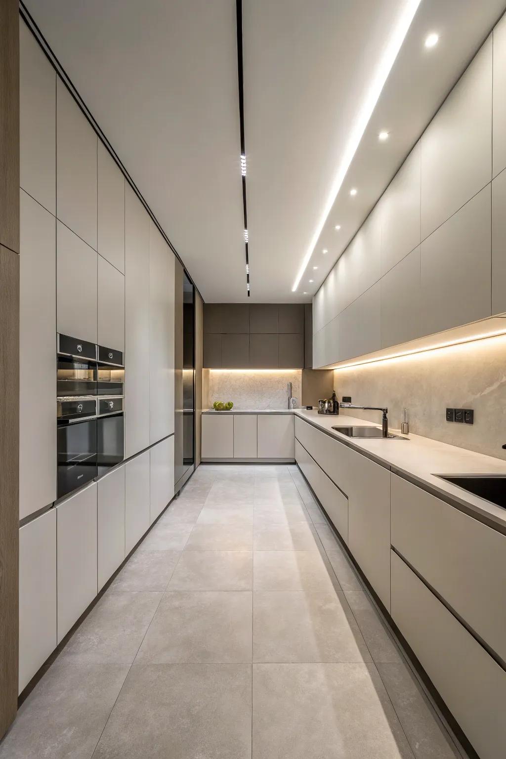 Sleek, handle-less furniture emphasizing the height and modernity of the kitchen.