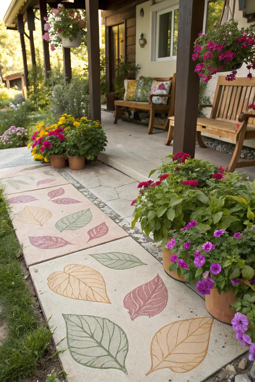 A playful patio with quirky leaf patterns on stained concrete.