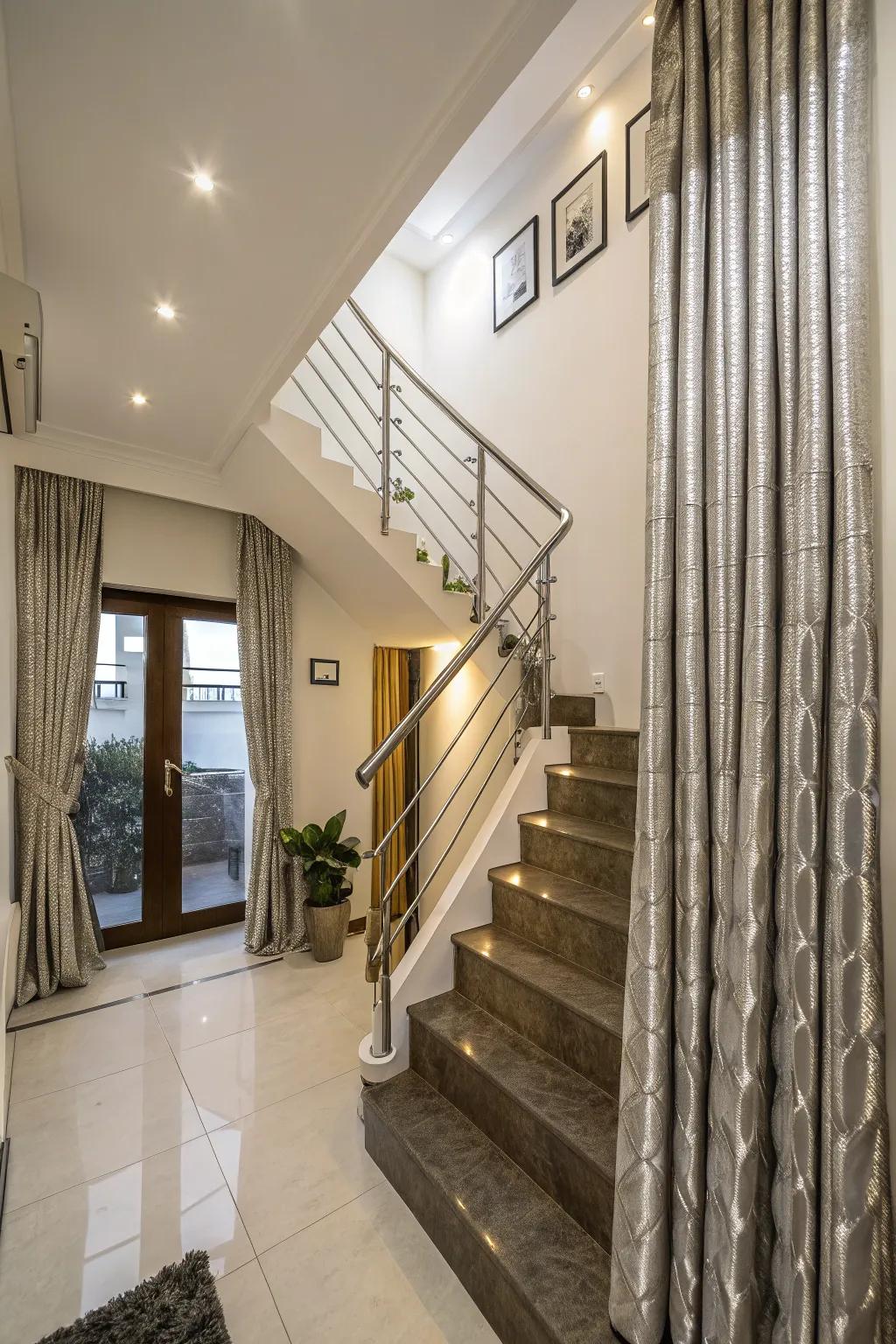 Metallic accents on window coverings add a modern and glamorous touch to your stairwell.