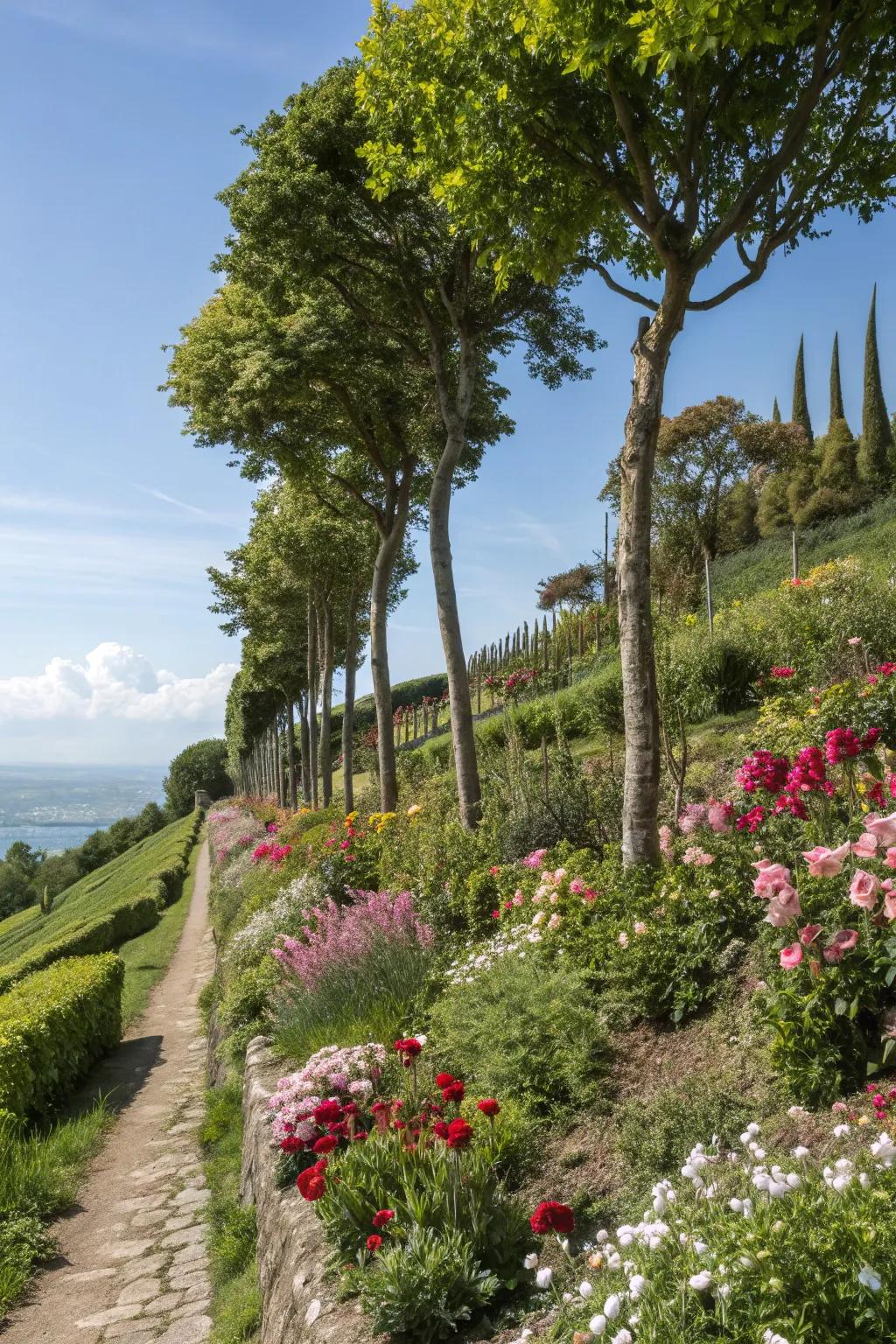 Trees establish a natural wind barrier and enhance hillside gardens.