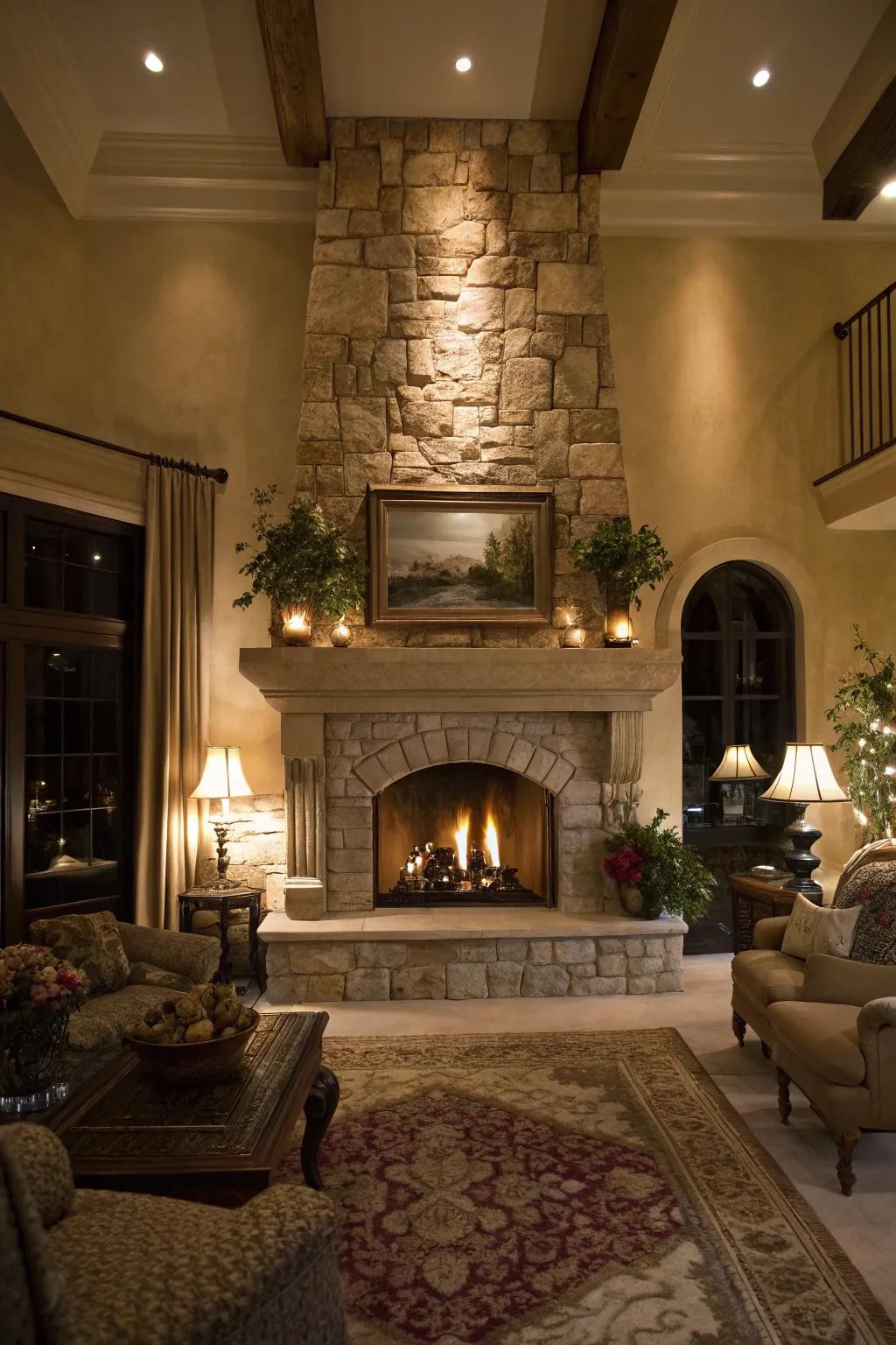 A dramatic area showcases a stone fireplace and distinctive illumination features on the mantel.