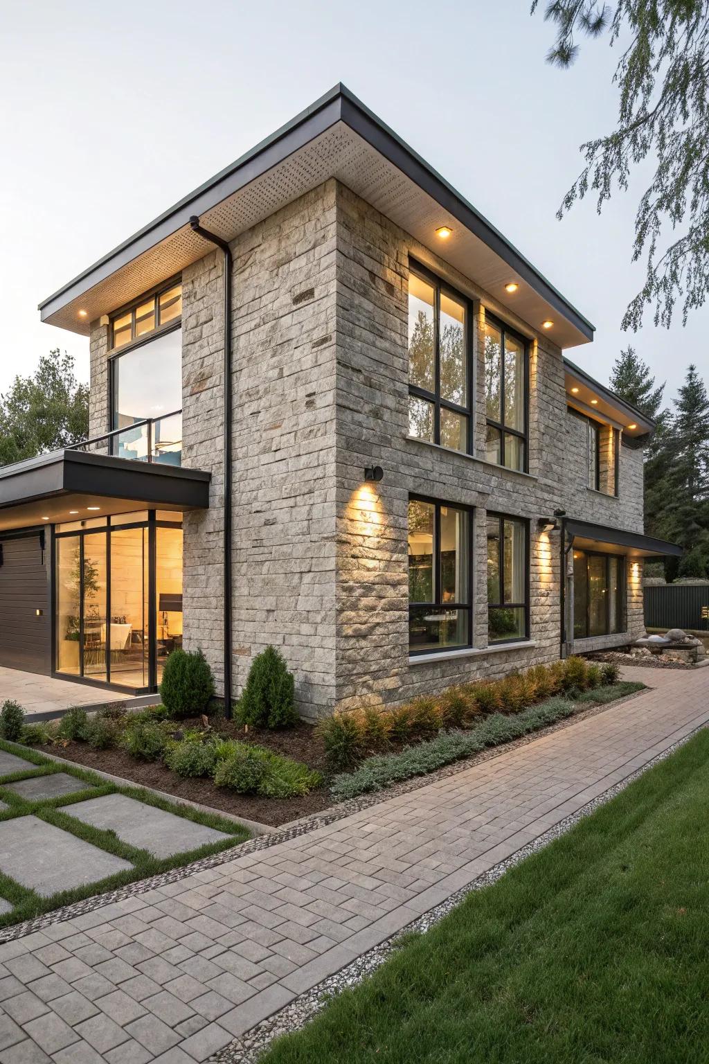 An eco-friendly house with a stylish faux stone facade.