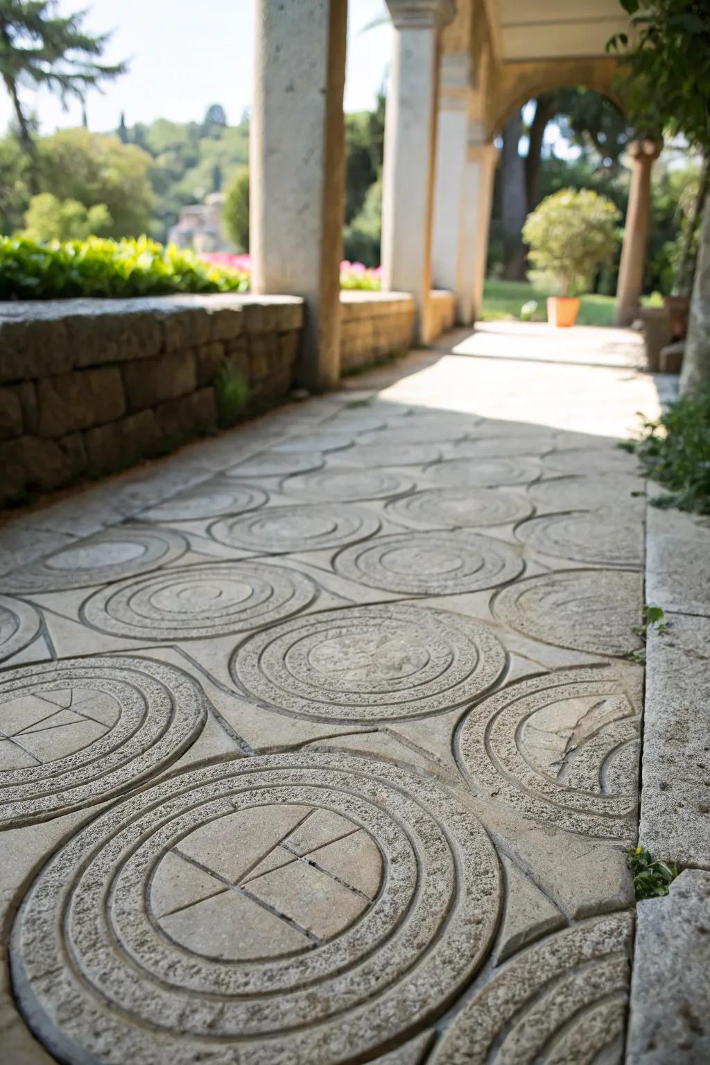 A stone patio with dynamic curvilinear patterns.