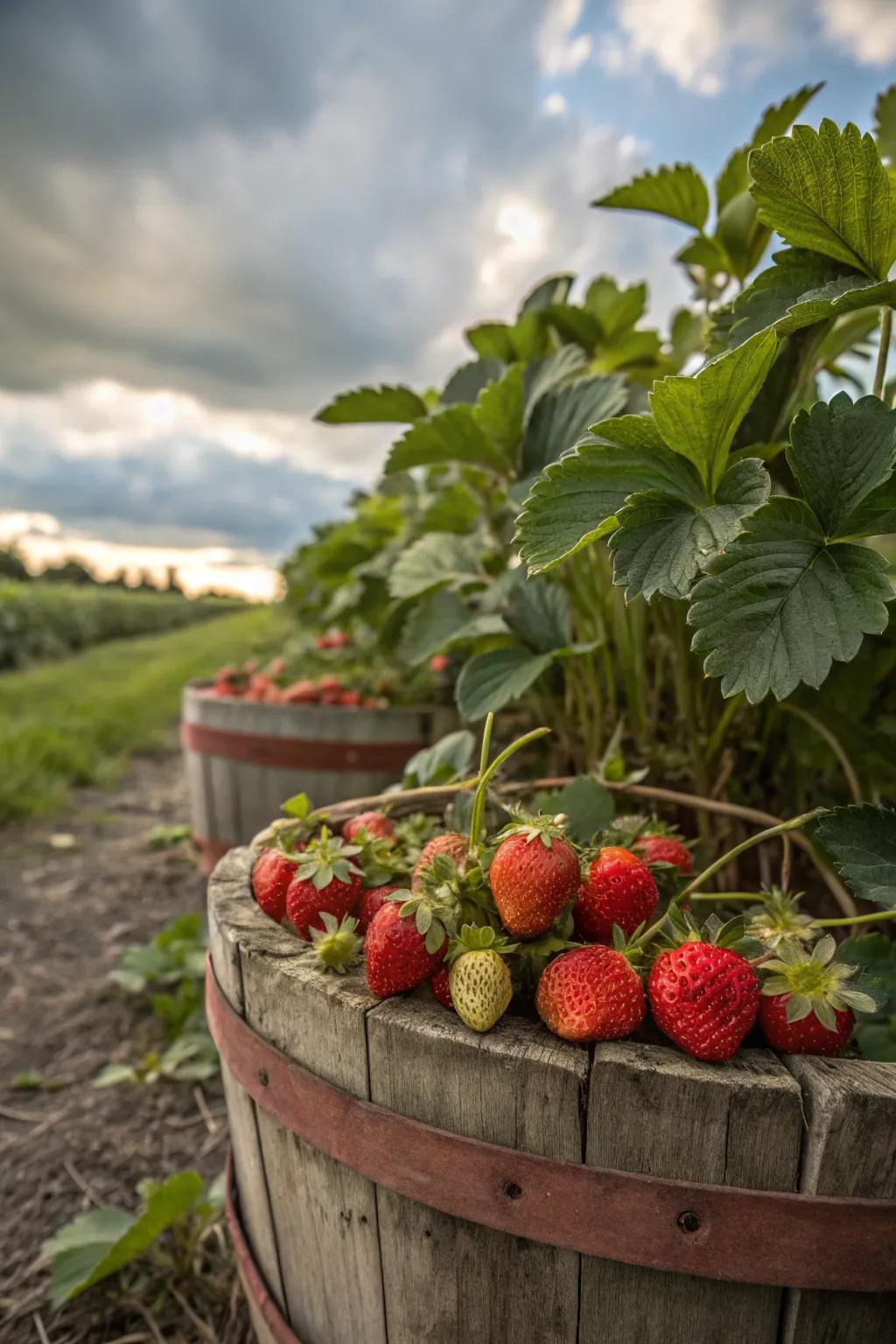 A rustic cask filled with strawberry plants.
